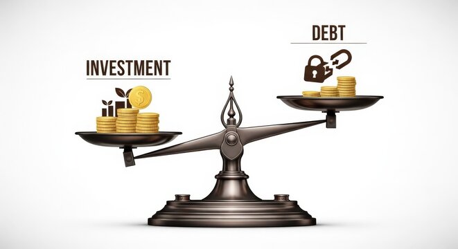 A vintage balance scale illustrating the concept of investment outweighing debt, with gold coins and symbolic icons on a white background.