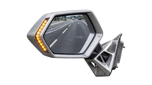 Modern silver side mirror with bright amber LED signal road reflection, isolated on transparent background