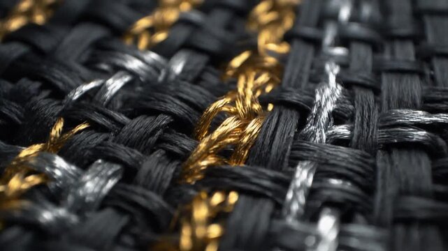 Seamless loop of black and gold woven textile texture. Close-up macro shot of interlaced threads in metallic silver and gold. Static background video for luxury branding campaigns