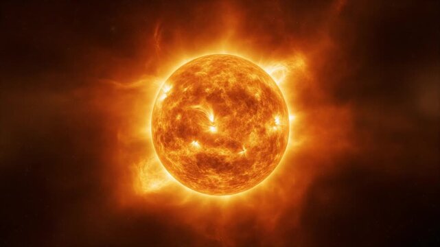 Sun solar surface and corona activity. Bright orange fiery star with solar flares. Static video sequence showing no movement. 4K resolution scientific footage for astronomy and space projects.