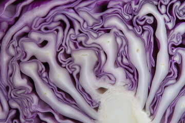 Obraz premium A hyper-macro, top-down view of a cross-sectioned purple cabbage. The focus is on the intricate, white labyrinthine veins against the deep violet leaves. Soft, cinematic side-lighting to emphasize the