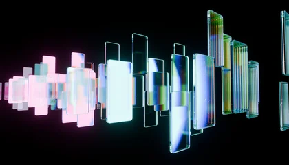 Fototapete 3D Abstract digital art featuring colorful, translucent rectangles floating dark space, creating futuristic and dynamic visual  © BHP Studio