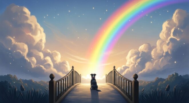 A dog sitting on a bridge with a rainbow in the background.