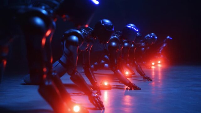 Futuristic Cyborgs in Dynamic Stance: A Visually Stunning Depiction of Robotic Bodies Engaged in an Intriguing Sequence of Movement with Luminescent Elements