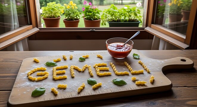 A Wooden Cutting Board With Gemelli Pasta And Tomato Sauce