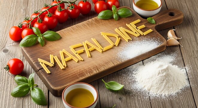A Wooden Cutting Board With Mafaldine Pasta And Ingredients