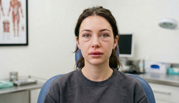 Angioedema disease Portrait of a young female patient with swollen lips and facial edema 