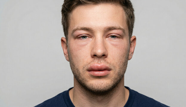 Close-up portrait of a young Caucasian man experiencing a severe allergic reaction or Angioedema