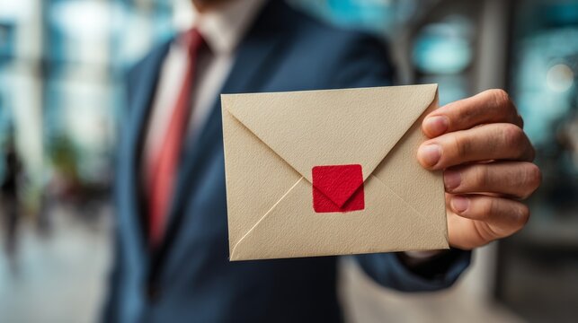 Businessman Holding Envelope with Red Stamp.