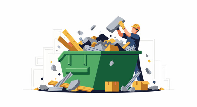 Construction worker tosses debris into an overflowing industrial waste bin