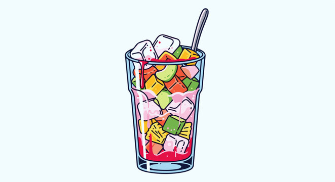 Colorful fruit salad with ice cubes and pink liquid in a glass
