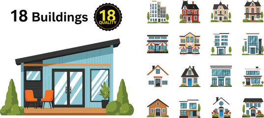 Obraz premium Large vector collection of various building icons including modern houses cafes shops and residential architecture on white background.
