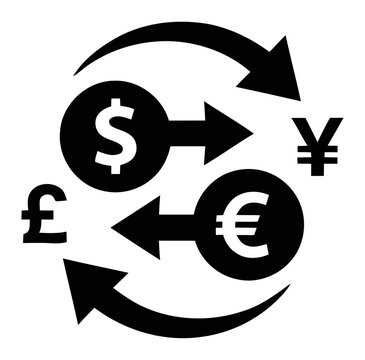 Currency conversion with global money symbols | foreign exchange and international trade icon | black and white vector for financial market
