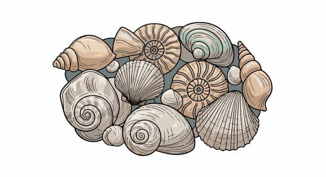 Collection of various fossilized and modern seashells and ammonites