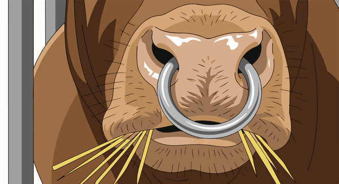 Close-up of a brown bull's nose with a ring and hay
