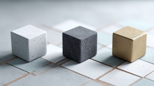 Balance and contrast through pastel cubes on a clean surface in directional light