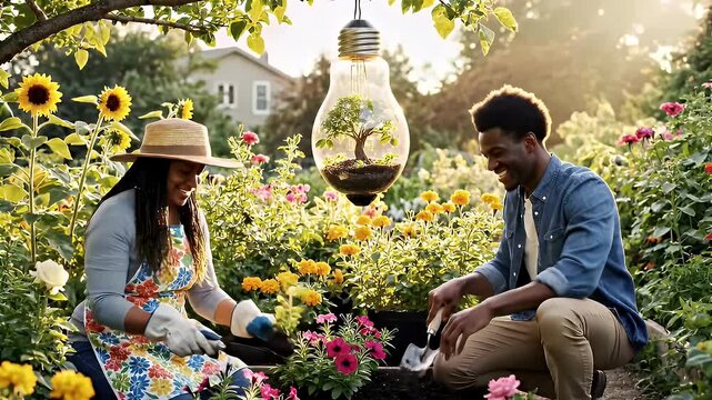 Couple gardening in vibrant flower garden with creative lightbulb tree