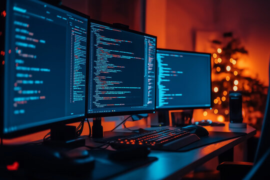 An image shows a programmer&rsquo;s desk with multiple monitors displaying code. Describe the tools, programming environment, and productivity techniques visible