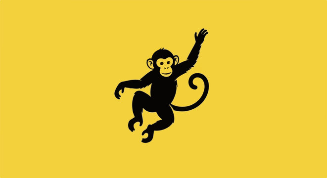 Black silhouette of a playful monkey leaping on a yellow background