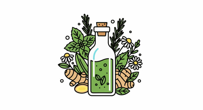 Bottle of green liquid with herbs, ginger and chamomile flowers