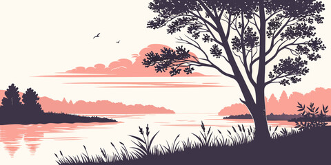 A tree stands by a river at sunset © NAHID 