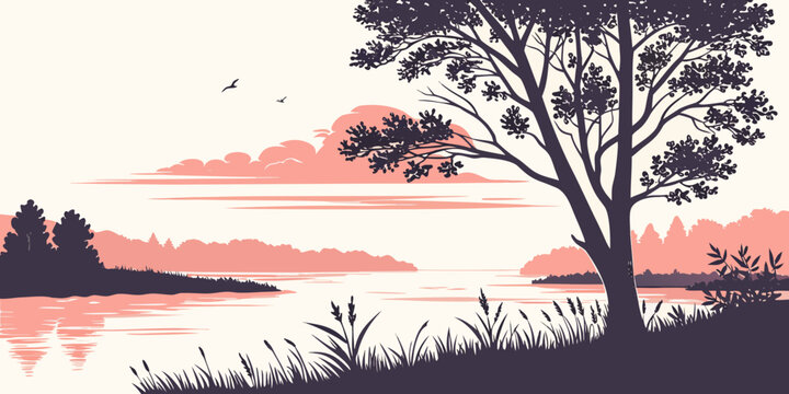 A tree stands by a river at sunset