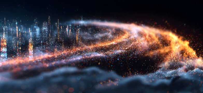The skyline of an abstract city is created through the use of data particles. The glowing particles form a futuristic cityscape with rising skyscrapers against a dark background.