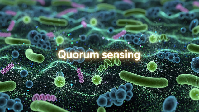 Microscopic view of various bacteria and microorganisms engaging in quorum sensing within a dark environment.