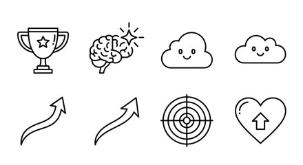 Fototapeta premium Set of eight black outline icons representing positive concepts like achievement, intelligence, and happiness