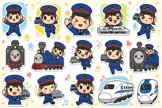 Train conductors and cartoon trains with smiling faces and music notes
