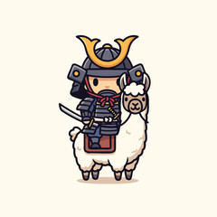 Obraz premium A cartoon-style illustration of a samurai in full armor riding a fluffy llama. He has a sword and a helmet with distinctive horns