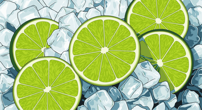 Bright green lime slices scattered amongst refreshing, translucent ice cubes