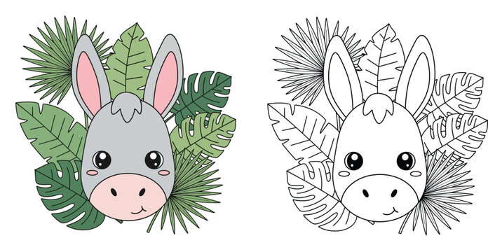 Adorable cartoon donkey head surrounded by tropical green leaves, in a cute, simple style with outline version.