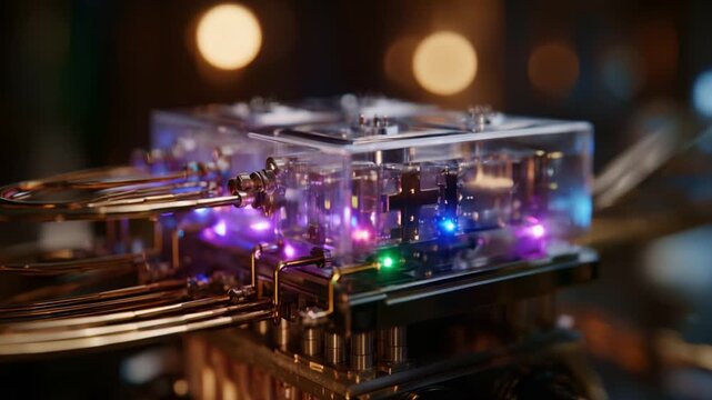A close-up view of a futuristic quantum computer component, showcasing intricate wiring and colorful LED lights, representing advanced technology and innovation.