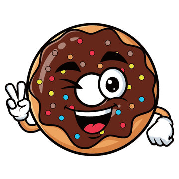 Chocolate Donut Cartoon Character Winking and Waving.