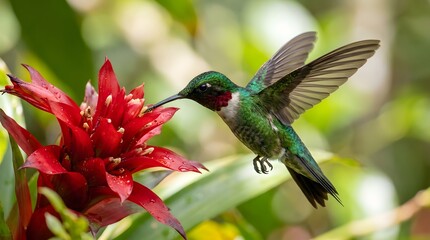 Obraz premium Hummingbird feeding on red exotic flower wings blurred motion