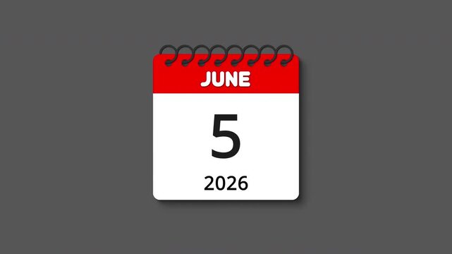 Monthly calendar animation with spiral ring coil binding, tear-off effect and realistic shadow for June 2026, perfect for time, schedule, event, and planning themes, transparent alpha channel BG