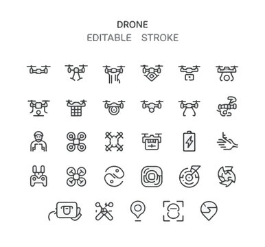 Drone icon set with editable stroke quadcopter symbol