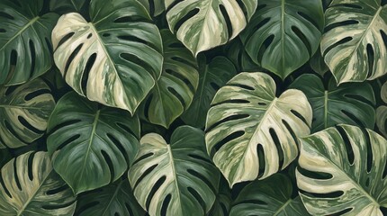 Fototapeta premium A lush arrangement of large green and white monstera leaves with holes and tears, showcasing their unique texture and natural beauty in a dense tropical pattern.