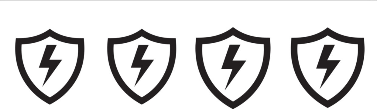 Shield with lightning bolt icons representing electrical protection power security and energy safety.