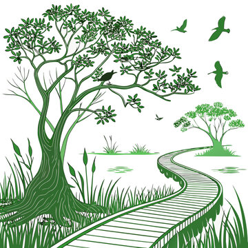 A green illustration of a winding boardwalk through a marshy area with a large tree and birds flying overhead