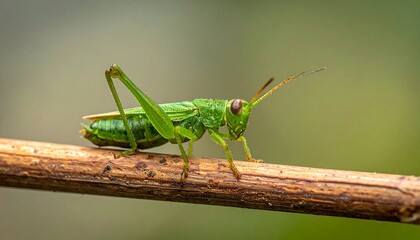 Fototapeta premium Green Grasshopper Perched on Branch Closeup.