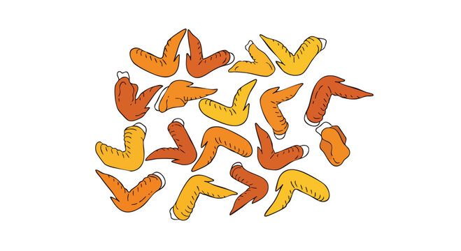 A cartoon illustration featuring multiple chicken wings in shades of orange and yellow, all displayed on a white background