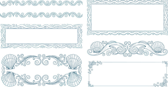 Ornate Hand-Drawn Decorative Borders with Seashells and Swirls for Vintage, Elegant, and Beach-Themed Designs