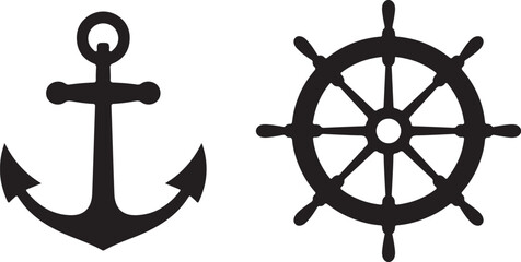 Nautical icons of anchor and ship wheel on white background © Manik
