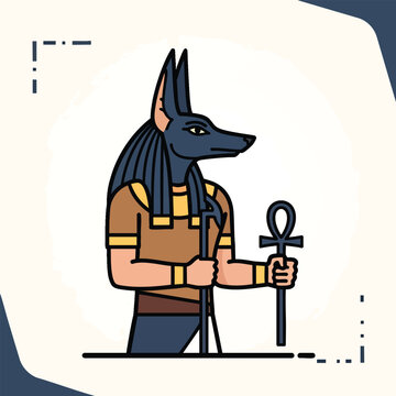 A stylized illustration of a jackal-headed figure holding an ankh, set against a muted beige backdrop with minimal decorative elements