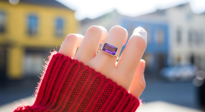 Close-up of a woman's hand wearing an amethyst ring on her finger, soft sunlight illuminating the gemstone and her red sweater.