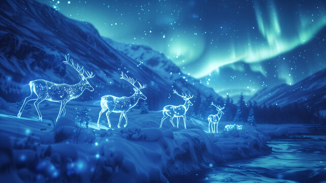 renos luminosos en la monta&ntilde;a nevada, escena de postal navide&ntilde;a