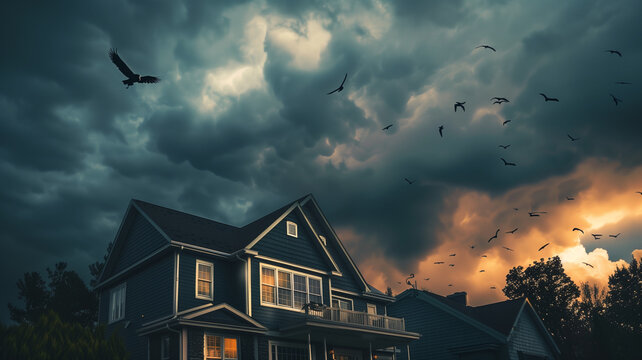 Casa al atardecer con nubes y aves