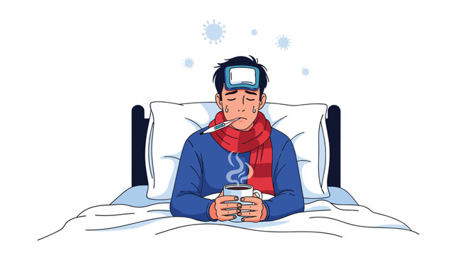 Sick man lies in bed with a thermometer, hot drink, and ice pack, surrounded by virus particles, symbolizing cold, flu, or severe fever.